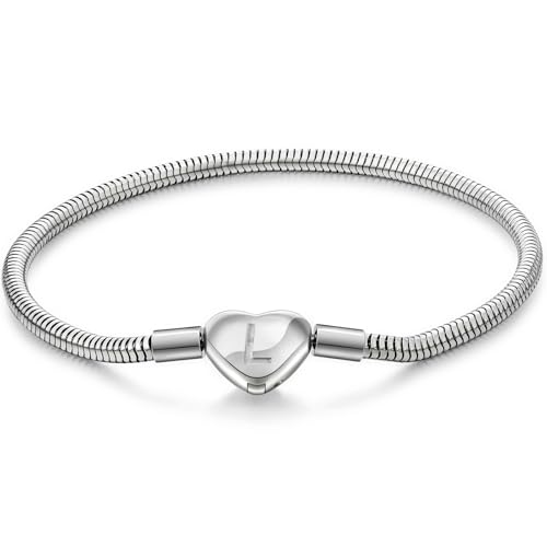 Initial Bracelet Heart Clasp Stainless Steel Snake Chain Alphabet Letter Charm Gift for Women Mom Girlfriend Wife - style: L