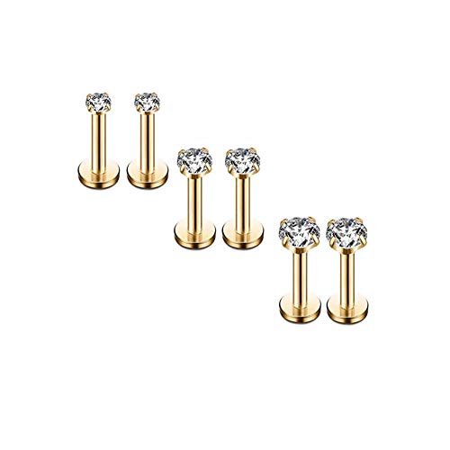 HQLA 16G Diamond CZ Lip Rings Labret Monroe Nose Tragus Helix Ear Piercing Jewelry Surgical Stainless Steel 2/3/4mm CZ 6mm Bar Length 3 Pairs Set - style: 3 PairsYellow Gold - Bar:6mm; CZ:2-4mm)