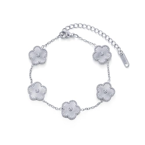 TICVSS Four Leaf Clover Bracelet for Women 18K Gold Plated Stainless Steel Lucky 4 Leaf Gold Link Bracelet Jewelry Gift for Women - color: Silver