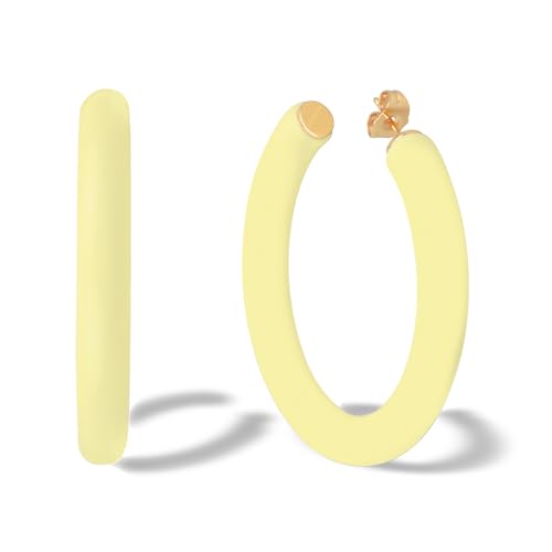 Gold Plated Multicolor Resin Chunky Thick Open Hoop Earrings in 57MM and 37.5MM Diameters - color: Yellow - Pastel - Matte Finish, size: 57MM (2.24") Diameter