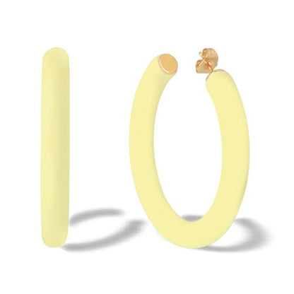 Gold Plated Multicolor Resin Chunky Thick Open Hoop Earrings in 57MM and 37.5MM Diameters - color: Yellow - Pastel - Matte Finish, size: 57MM (2.24") Diameter