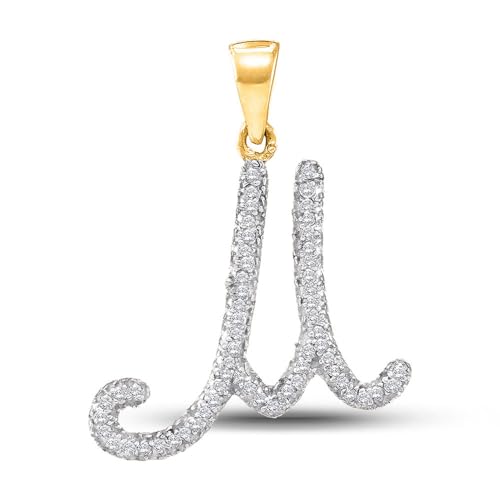 Solid 10K White Gold Real Natural Diamond Womens Cursive A-Z Initial Letter Pendant Charm for Necklaces 1/6 Carat (.15 Cttw) - style: M - 10K Yellow Gold