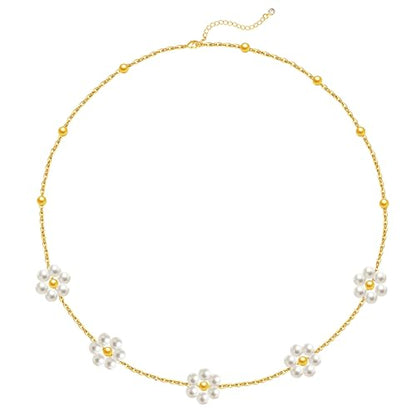 OGD Gold Pearl Necklace Set for Women 14K Plated Layered Daisy Choker Gift - color: Gold Daisy Pearl-1PCS