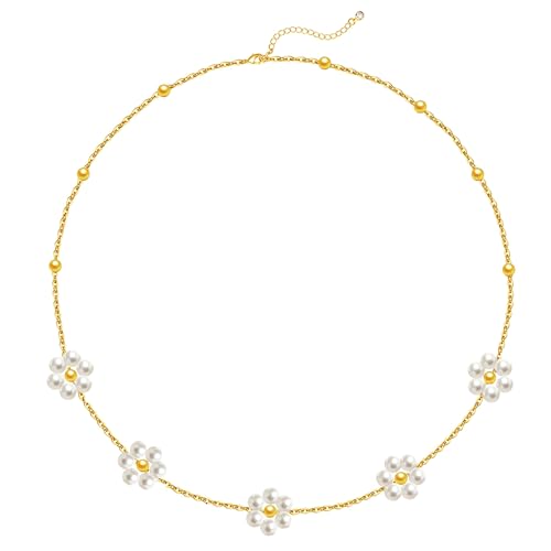 OGD Gold Pearl Necklace Set for Women 14K Plated Layered Daisy Choker Gift - color: Gold Daisy Pearl-1PCS