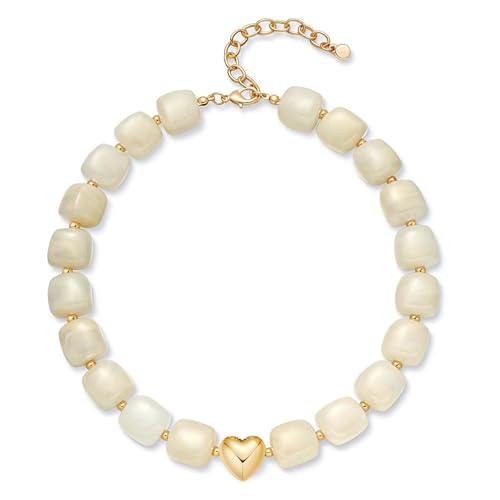 Multicolor Beaded Necklace,Chunky Cube Beaded Statement Necklace, Boho Resin Choker Necklace for Women,Lightweight & Cool, Suitable for Beach, Vacation, Daily Wear & Summer Parties - color: Beige-Heart