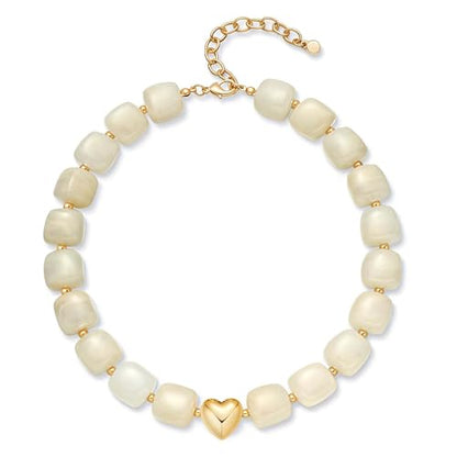 Multicolor Beaded Necklace,Chunky Cube Beaded Statement Necklace, Boho Resin Choker Necklace for Women,Lightweight & Cool, Suitable for Beach, Vacation, Daily Wear & Summer Parties - color: Beige-Heart
