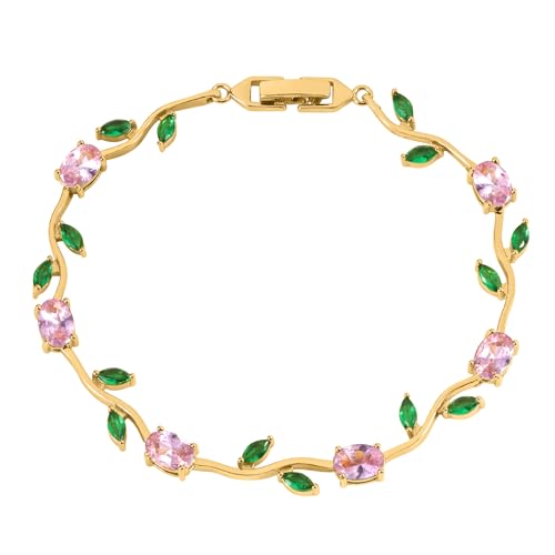 Tulip Flower Bracelet for Women 14K Gold Plated Stainless Steel with Colorful Cubic Zircon Dainty Cute Pink Rose Floral Jewelry Gift for Her Crystal Flower Leaf Bracelets -7.5inch/190mm - color: Pink Green Gold