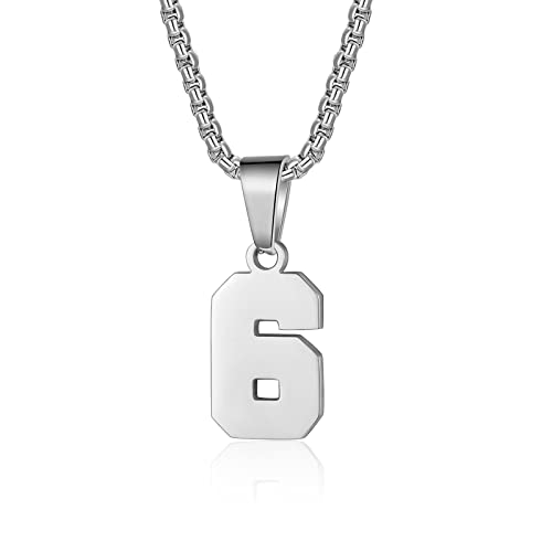 Susook Number Necklace for Boy Black Athletes Number Stainless Steel Chain 00-99 Number Charm Pendant Personalized Sports Jewelry for Men Basketball Baseball Football - color: Silver, style: 6