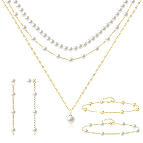 Pearl Jewelry Set for Women Faux Pearl Costume Jewelry Set with Necklace, Bracelets, Ring, Earrings for Wedding Bridal Birthday Tea Party - color: Gold