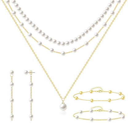 Pearl Jewelry Set for Women Faux Pearl Costume Jewelry Set with Necklace, Bracelets, Ring, Earrings for Wedding Bridal Birthday Tea Party - color: Gold