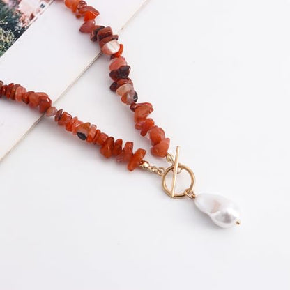 Bohemian Stone Pearl Choker Necklace for Women Dainty Natural Irregular Stone Choker Turquoise Beaded Lariat Necklace Simple Fashion OT Toggle Spiritual Handmade Jewelry - color: Red