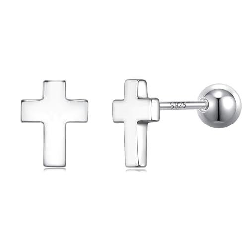 JSGEMSLEE Hypoallergenic 925 Sterling Silver Stud Earrings for Women With Screw Back Small Butterfly Heart Flower Earrings for Girls Tragus Cartilage Jewelry Gifts - color: cross