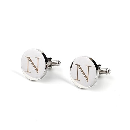 Mens Initial Silver Cufflinks A-Z Alphabet Letter Steel Cuff Links with Engraved Walnut Wood Box Groom Groomsman Wedding Set… - style: N