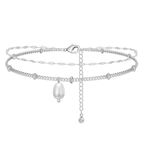 NIXMAX Gold Anklets for Women, Waterproof Chain Trendy Ankle Bracelets | Non Tarnish, Adjustable Fit, 14K Gold Plated, Dainty Layered Looks, Summer Beach Vacation Body Jewelry, Gifts for Women - color: Silver-Pearl