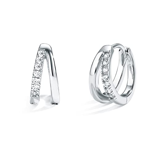 Me&Hz Gold Huggie Earrings Small Huggie Hoop Earrings for Women 14K Gold Plated Hypoallergenic Cubic Zirconia Huggies Mini Silver Hoop Earring for Women - color: Double Hoops,Silver