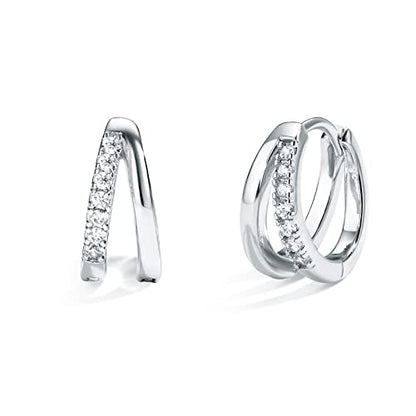 Me&Hz Gold Huggie Earrings Small Huggie Hoop Earrings for Women 14K Gold Plated Hypoallergenic Cubic Zirconia Huggies Mini Silver Hoop Earring for Women - color: Double Hoops,Silver