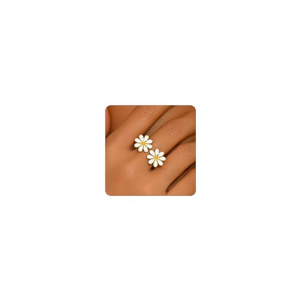 Adjustable Rings for Women 18K Gold Plated daisy Flower Butterfly Ball Cubic Zirconia Rings Dainty Open Stacking Ring - color: Double Daisy-Gold