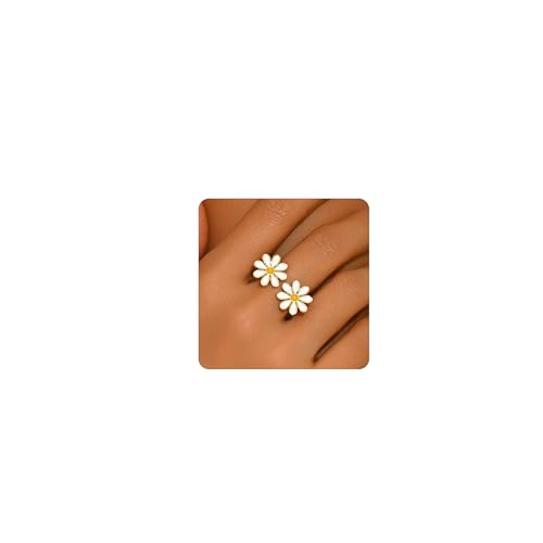 Adjustable Rings for Women 18K Gold Plated daisy Flower Butterfly Ball Cubic Zirconia Rings Dainty Open Stacking Ring - color: Double Daisy-Gold