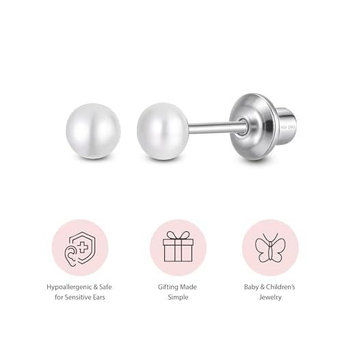Pearl Screw Back Stud Earrings, 925 Sterling Silver Hypoallergenic - color: White, size: 4mm-Medium