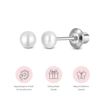 Pearl Screw Back Stud Earrings, 925 Sterling Silver Hypoallergenic - color: White, size: 4mm-Medium