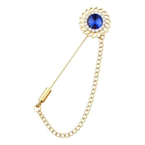 Mens Sunflower Lapel Pin Crystal Rhinestone Brooches for Men Hanging Chain Brooch Suit Pin Flower Lapel Pins for Men Wedding Business Party - color: Blue