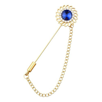 Mens Sunflower Lapel Pin Crystal Rhinestone Brooches for Men Hanging Chain Brooch Suit Pin Flower Lapel Pins for Men Wedding Business Party - color: Blue
