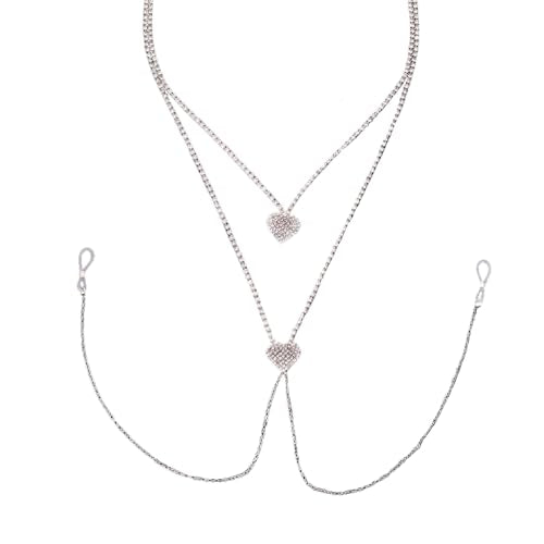 Rhinestone Heart Body Chain Sparkling CZ Paved Heart Choker Nipple Noose Body Chains Sexy Non Piercing Fake Nipple Rings Bra Chest Chains Summer Beach Bikini Nightclub Body Jewelry