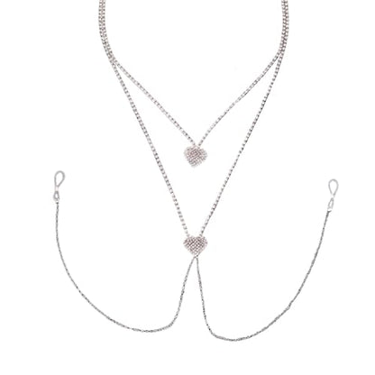Rhinestone Heart Body Chain Sparkling CZ Paved Heart Choker Nipple Noose Body Chains Sexy Non Piercing Fake Nipple Rings Bra Chest Chains Summer Beach Bikini Nightclub Body Jewelry