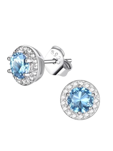 FindChic Birthstone Earrings for Women, Round/Heart/Square/Teardrop Earrings with 925 Sterling Silver Posts & Push Backs, Hypoallergenic Studs with Cubic Zirconia, 12 Months Jewelry with Gift Box - style: 03. March-Aquamarine (Round)