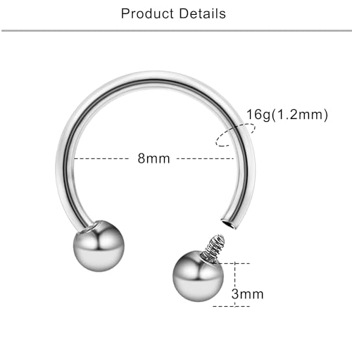 Lcolyoli 16g Septum Rings Internally Threaded Surgical Steel Septum Jewelry Lip Rings Hoop Labret Jewelry Horseshoe Earrings Daith Piercing Jewelry for Women Men - color: 16g,Inner diameter:8mm,silvertone