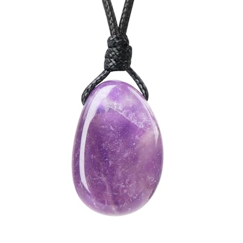Natural Gemstone Pendant Necklace Healing Crystal Stone Choker Necklace Adjustable Waxed Black Rope for Men - color: Amethyst