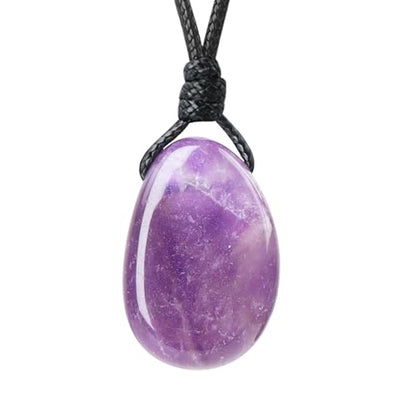 Natural Gemstone Pendant Necklace Healing Crystal Stone Choker Necklace Adjustable Waxed Black Rope for Men - color: Amethyst