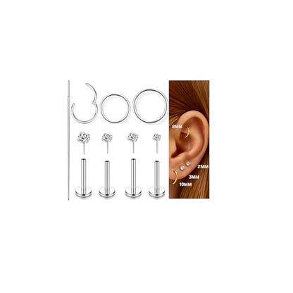 Incaton 18G Threadless Flat Back Stud Earrings For Women Men, 316L Surgical Steel Hypoallergenic Push in Nose Studs CZ Nose Nostril Tragus Helix Labret Studs Lip Rings Piercing Jewelry - color: 3 HOOP + 4 STUD SILVER
