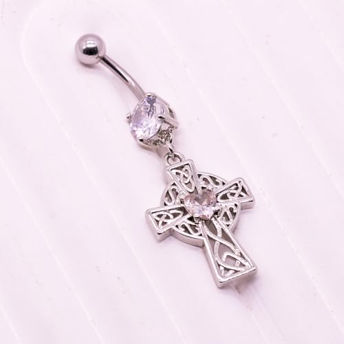 VERAMI 14G 316L Celtic Cross Belly Button Ring Surgical Steel Paved Gems Dangling Belly Button Ring Body Piercing Jewelry - color: Silver：C-4
