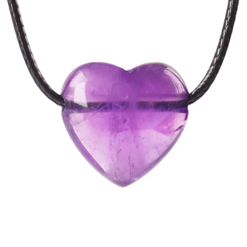 weryerker Natural Gemstone Heart Pendant Necklace Healing Crystal Heart Charm Necklace Adjustable Waxed Black Rope for Women - color: Amethyst