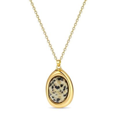 Colorful Natural Stone Necklaces for Women Trendy 14K Gold Plated Oval Gemstone Pendant Statement Necklace Jewelry Gifts for Women - color: White and Black