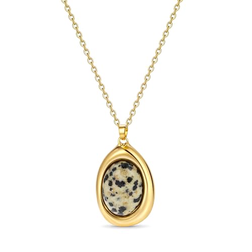 Colorful Natural Stone Necklaces for Women Trendy 14K Gold Plated Oval Gemstone Pendant Statement Necklace Jewelry Gifts for Women - color: White and Black