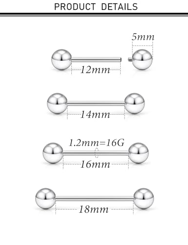 16G 14G 12G Nipple Piercings Tongue Rings Externally/Internally Threaded Hypoallergenic 316L Surgical Steel Nipple Tongue Barbell Piercing Jewelry for Women Men 12mm 14mm 16mm 19mm 22mm - color: 14G/Internally Threaded/12mm-18mm Bars/5mm Balls