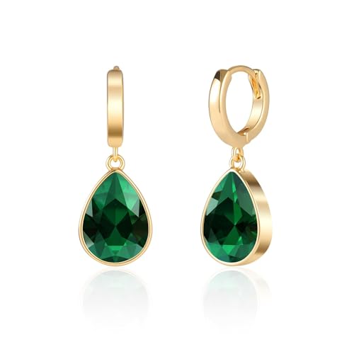 Crystals Teardrop Dangle Drop Earrings, 18K Gold Plated Hoop Earrings Zirconia Jewelry for Women Gifts - color: Green