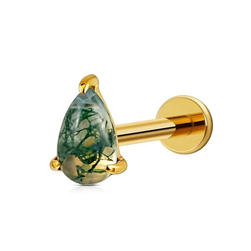 1PC ASTM F136 Titanium Piercing Jewelry for Tragus Conch Helix Flat Labret 18G 6mm 8mm, Cartilage Earring Flatback Stud - color: Moss Agate Drop - Gold