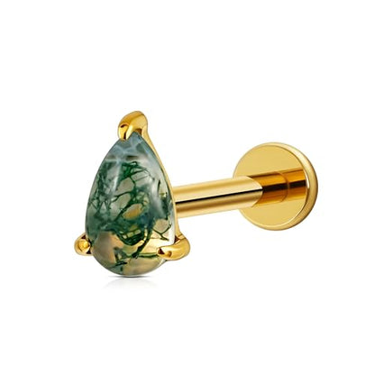 1PC ASTM F136 Titanium Piercing Jewelry for Tragus Conch Helix Flat Labret 18G 6mm 8mm, Cartilage Earring Flatback Stud - color: Moss Agate Drop - Gold