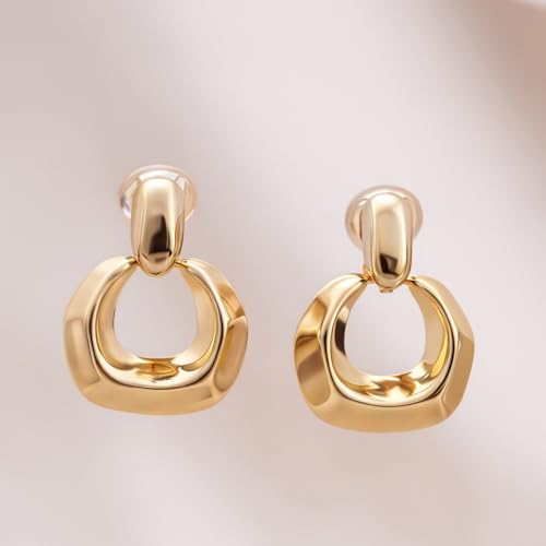 FAN&LOUIS Gold Plated Clip On Earrings for Women, 14K Gold Drop Dangle Hypoallergenic Lightweight Clip-On Earrings for Non-Pierced Ears - style: Gold
