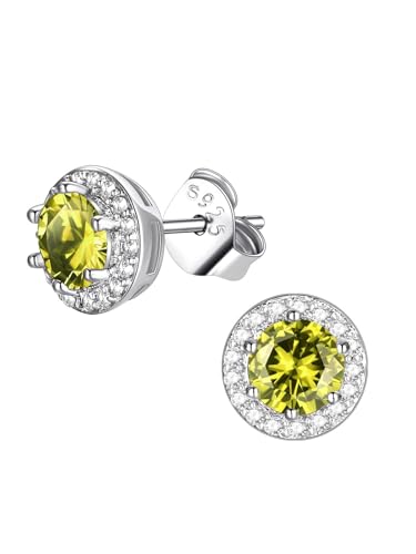 FindChic Birthstone Earrings for Women, Round/Heart/Square/Teardrop Earrings with 925 Sterling Silver Posts & Push Backs, Hypoallergenic Studs with Cubic Zirconia, 12 Months Jewelry with Gift Box - style: 08. August-Peridot (Round)