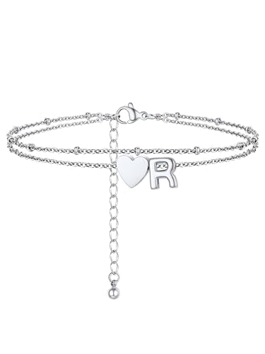 Initial Ankle Bracelets for Women, Dainty Stainless Steel Letter A-Z Layered Anklets, Heart Ankle Bracelet 8.5"-10.5" Adjustable, Summer Beach Jewelry, Come with Box - color: Silver, size: R