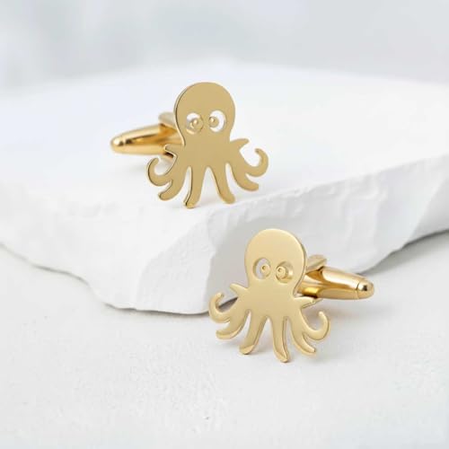 Men’s Octopus Cufflinks – Stainless Steel Ocean-Themed Cuff Links with Gift Box & Polishing Cloth – Available in Silver & Gold - color: golden