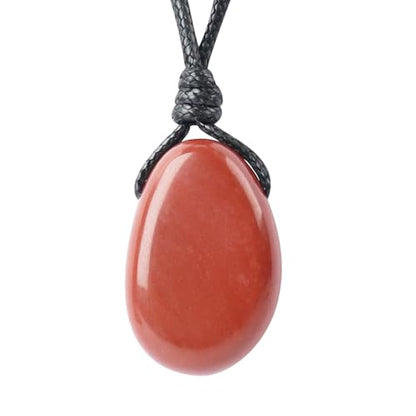 Natural Gemstone Pendant Necklace Healing Crystal Stone Choker Necklace Adjustable Waxed Black Rope for Men - color: Red Jasper