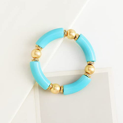 LALAPPLE Gold Plated Beaded Acrylic Bamboo Tube Bangle Bracelets for Women, Colorful Chunky Curved Tube With Gold Plated Pieces Beads Stretch Bracelet Friendship Summer Beach Jewelry - color: N-Blue
