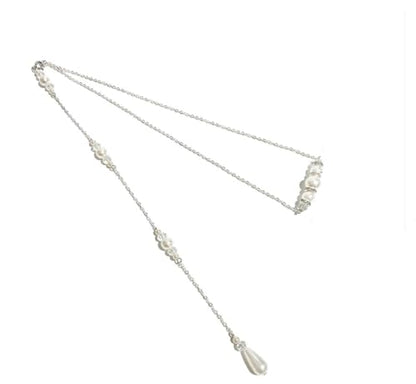 Elegant Pearl Back Chain Silver Crystal Back Drop Necklace Long Pearl Body Chain Wedding Backdrop Necklace Chain Summer Beach Body Jewelry for Women Backless Off-shoulder Dressing