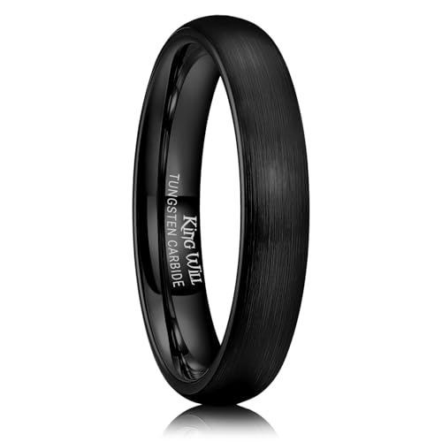 King Will Wedding Band for Men Women, 2/4/6/7/8mm Domed Matte Brushed Tungsten Carbide Rings, Solid/Dual Color Engagement Rings, Comfort Fit - color: Black-4mm