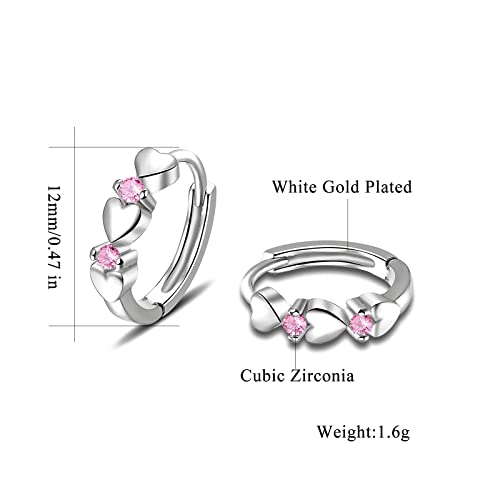 CiNily 14K White Gold Plated Small Hoop Earrings for Women Girls Heart Cubic Zirconia Hypoallergenic Earrings - color: Silver-pink